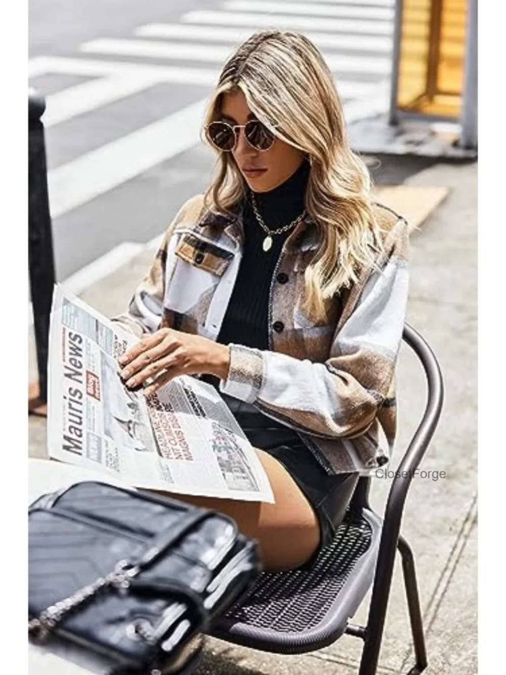 Cropped Flannel Shacket Jacket Button Down Plaid Casual Coat